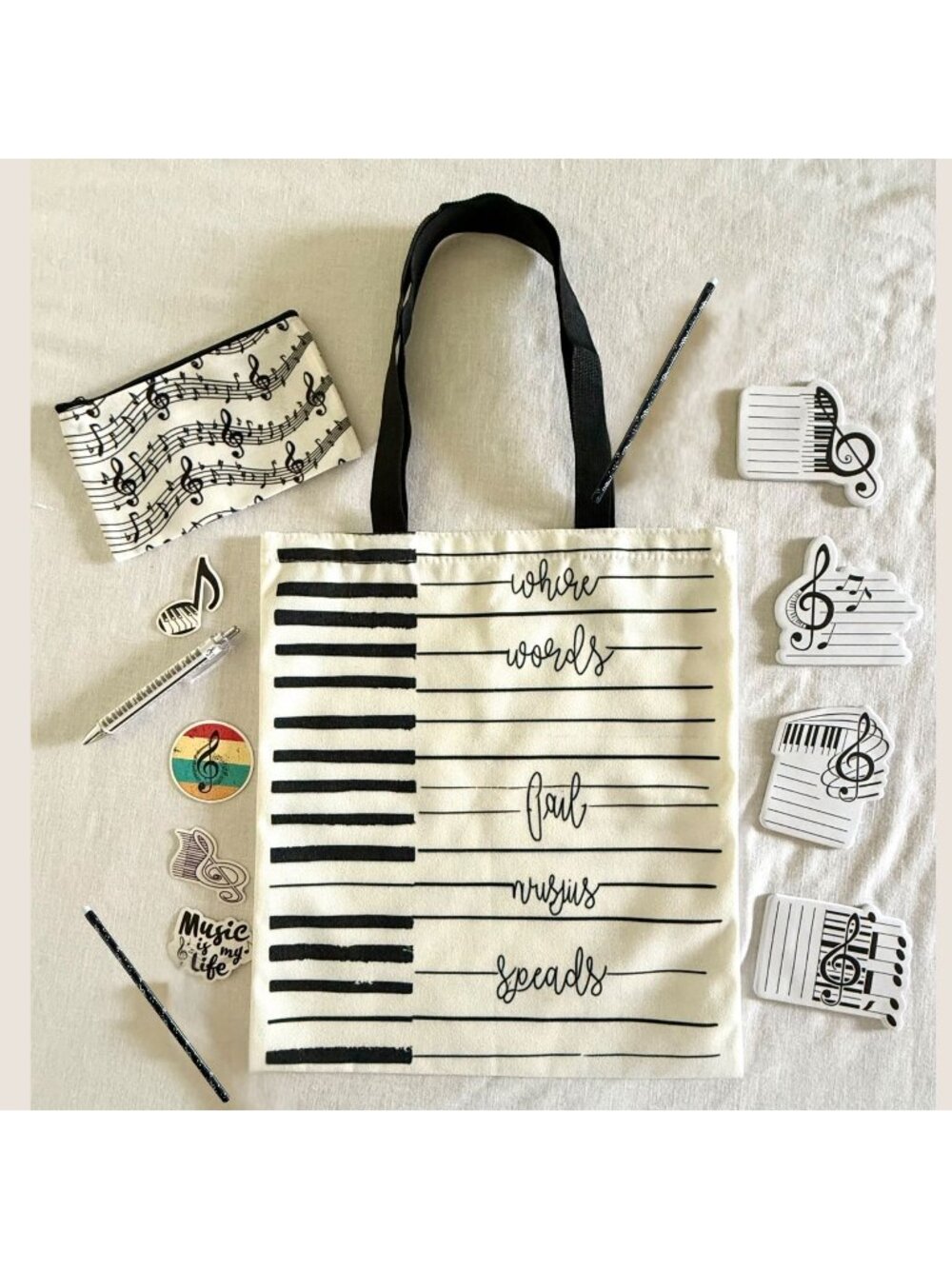 Piano Music Gift Bundle Tote Pouch Stickers Notes Pen Set